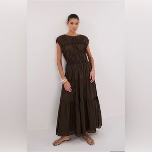 Brown Ruched Tiered Midi Dress